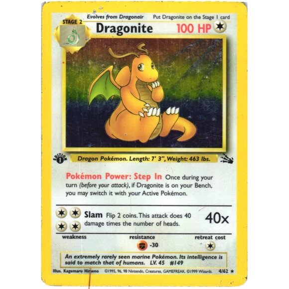 Dragonite 4/62 Fossil Set Holo Rare 1st Edition 1999 Pokémon Game Card WOTC - Picture 1 of 6